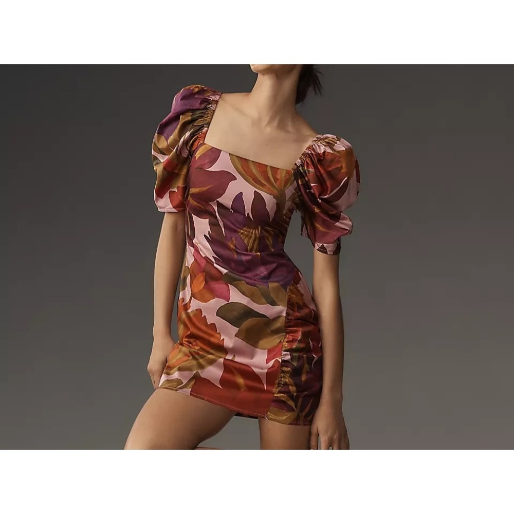 EUC Farm Rio Puff-Sleeve Square-Neck Slim Mini Dress tropical floral size L